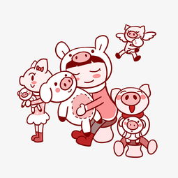 卡通小猪和女孩玩布娃娃png透明底图片素材其他格式下载动漫人物大全