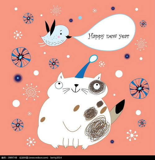 卡通小猫小鸟雪花背景新年卡片ai素材免费下载红动网