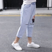 2019年夏季牛仔裤时尚个性简约潮流女童卡通印花中腰