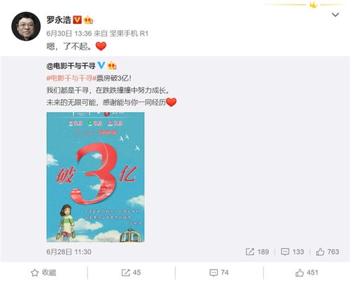 千与千寻票房破3亿罗永浩了不起