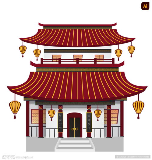中式建筑插画设计图卡通设计