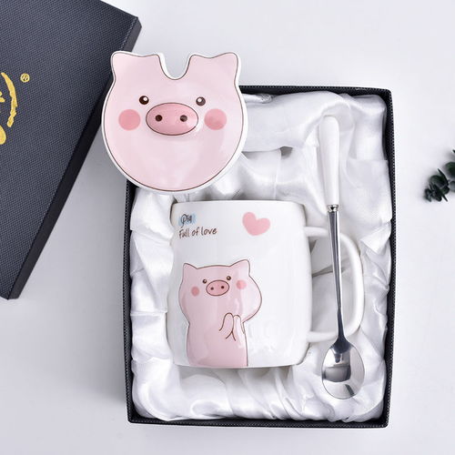 创意小猪马克杯粉色少女心卡通陶瓷杯子情侣水杯咖啡杯带盖勺水杯