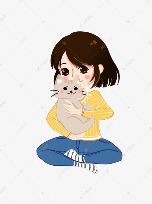 手绘卡通女孩抱着猫咪素材图片免费下载千库网