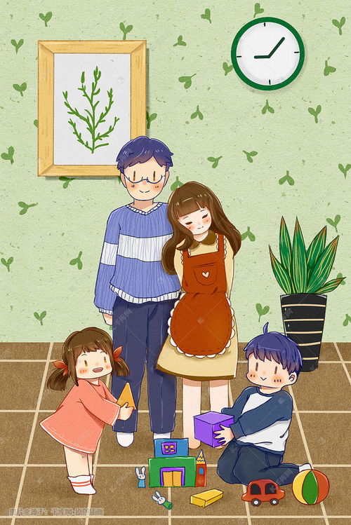 家庭温馨一家四口小清新卡通童趣可爱插画图片千库网