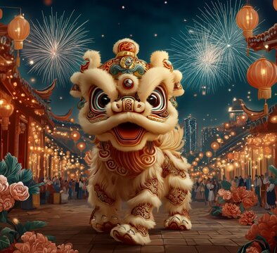 点击来源直接获取大图文件一幅充满活力的中国舞狮卡通画,背景装饰精美,有发光的灯笼,展现中国新年的节日氛围元素舞狮2025春节素材