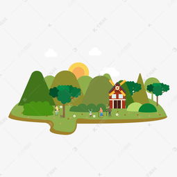 卡通插画风绿树草坪建筑一家四口素材图片免费下载千库网