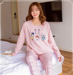 春秋冬季韩版少女棉质睡衣甜美可爱卡通小猫长袖长裤家居服套装女