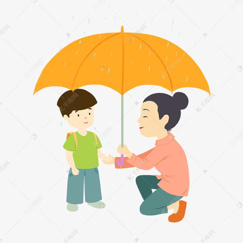 母亲节手绘卡通橙色温馨母子雨中撑伞素材图片免费下载千库网
