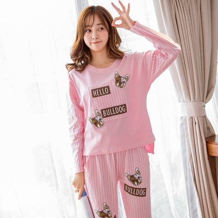 睡衣女秋纯棉韩版可爱粉色卡通小狗长袖长裤条纹可外穿家居服套装