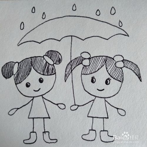 如何画两个一起撑伞躲雨的小女生卡通儿童简笔画