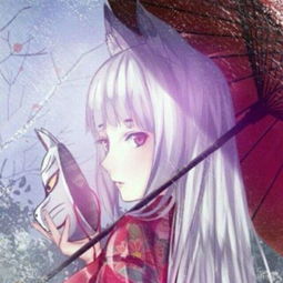 找图一个白头发少女,穿着红色和服,一只手拿着猫脸面具,另一只手撑着一把油纸伞