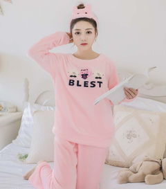 竟丰新款女士秋冬长袖长裤休闲时尚法拉绒卡通三只小猫家居服睡衣套装