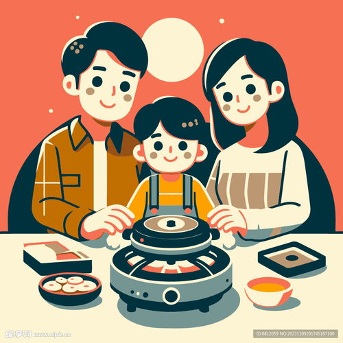 一家三口吃火锅扁平插画设计图卡通设计