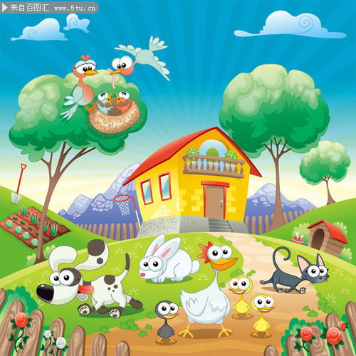 卡通小动物房子插画图片素材