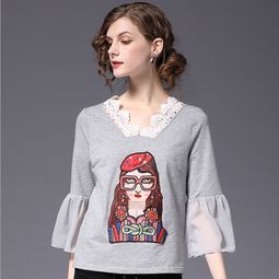 法米姿早春t恤新款欧美时尚个性喇叭袖重工刺绣眼镜女孩图案宽松t恤38008