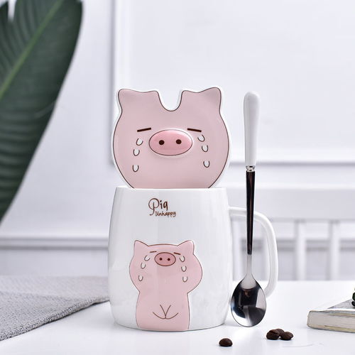创意小猪马克杯粉色少女心卡通陶瓷杯子情侣水杯咖啡杯带盖勺水杯