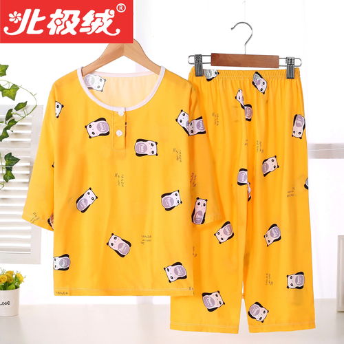 夏季儿童绵绸睡衣套装薄款男孩女童空调服卡通七分袖中大童家居服