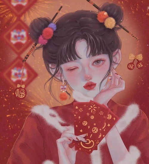 绝美手绘国潮风动漫女头新年红色头像