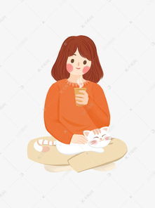 手绘卡通女孩抱着猫猫喝热饮元素素材图片免费下载千库网
