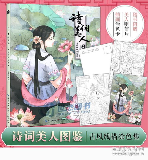 诗词美人图鉴古风线描涂色集描线涂色临摹范字解压治愈古风插画集动漫画册手绘美少女涂色绘画书籍知音