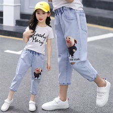 2019年夏季牛仔裤时尚个性简约潮流女童卡通印花中腰