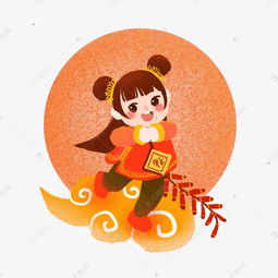 春节卡通手绘可爱女孩拿福字鞭炮踩祥云快乐拜年庆祝素材图片免费下载千库网