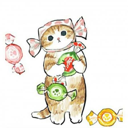 手绘小猫可爱微信头像,小猫抱着水果美食的