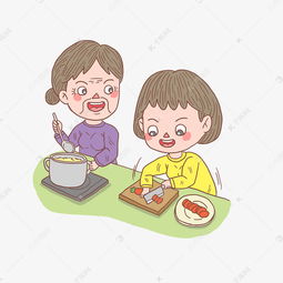 卡通手绘人物母女做饭素材图片免费下载千库网