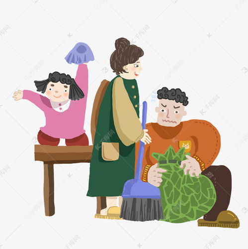 新年卡通手绘风一家人打扫卫生迎新年素材图片免费下载千库网