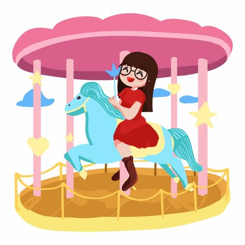 儿童节旋转木马与女孩插画元素