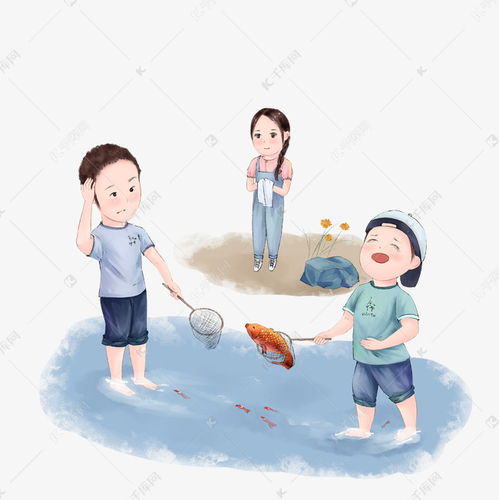 春天出游卡通人物野外抓鱼卡通场景人物手绘素材图片免费下载千库网