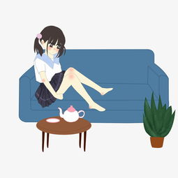 周末休闲时光坐在沙发上喝茶的女孩插画png图片素材其他格式下载动漫人物大全