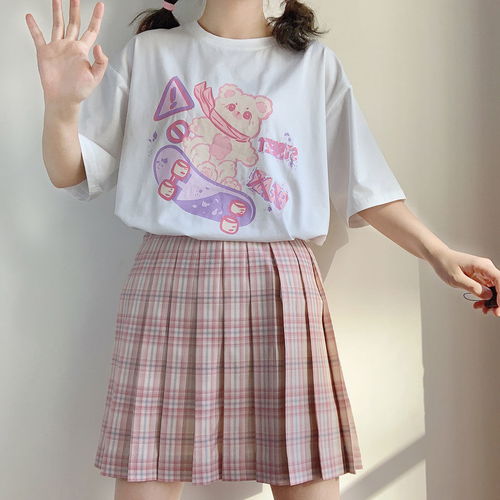 日系ins卡通小熊印花纯棉短袖t恤女2020夏季新款韩版宽松学生上衣