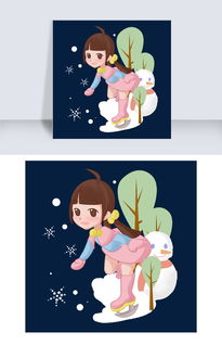 卡通手绘女孩冬日滑冰游玩插画图片素材psb格式下载动漫人物大全