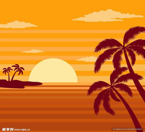 夕阳下的大海和棕榈树矢量图设计图风景漫画