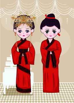 卡通新郎新娘,中式卡通新娘新郎